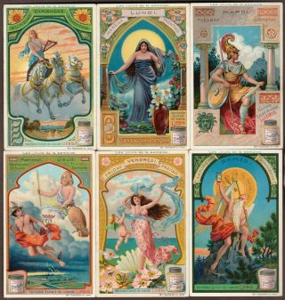Liebig S - 839 " The Days Of The Week " Full Set 6 Vintage Trade Cards 1904 Belgian