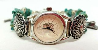 Vintage Ptg Sterling Silver Turquoise Native American Watch Need Battery 8 "