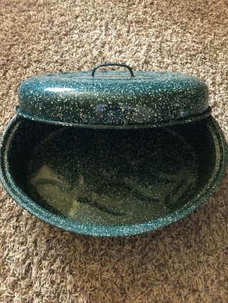 Vintage Green Granite/porcelain/enamel Ware Large Roasting Pan W/lid Very Good