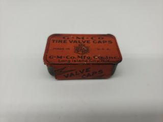 Vintage Antique G - M - Co Tire Valve Caps Tin Container,  Long Island City,  Ny
