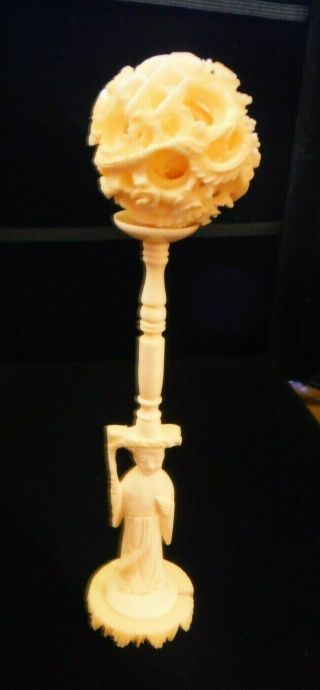 Vintage Chinese Carved Bovine Bone 5 Layer Dragon Ball And Carved Stand