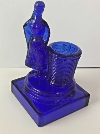 Vintage Toothpick Holder Woman Basket Cobalt Blue Pressed Glass Grape Stomping