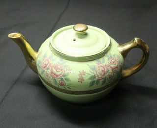 Vintage Green Pink Roses Teapot With Gold Trim And Gold Handle And Spout