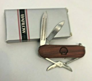 Vintage Shell Oil Pocket Knife Multi Tool Wood Handle Advertising Barlow