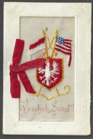 Embroidered Silk Booklet Not A Pc,  Polish & American Flags,  Coat Of Arms 1914 - 18
