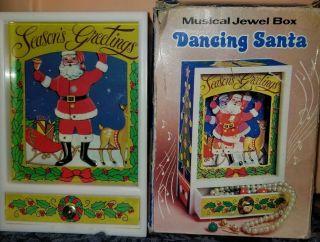 Vintage Musical Jewel Box Dancing Santa - Jingle Bells - Worn Box