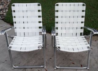 Set Of 2 Vintage Aluminum Webbed Lawn Chairs - White W/ Double Arms Mcm