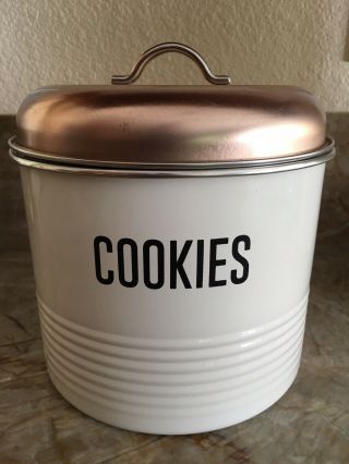 Biscuit Storage Canister Jar Cookie Barrel Cream Enamel With Copper Colored Lid