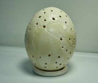 Ostrich Egg Hand Carved Elephants Signed By Artist
