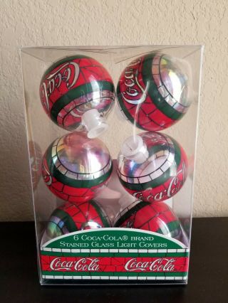 Coca Cola Brand 6 Piece Stained Glass Christmas Plastic Light Covers - 1997