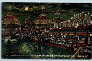 Postcard Ny Coney Island Lagoon And Chute The Chutes By Night C1917 E01