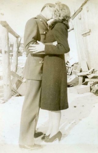 Ac464 Vtg Photo Military Man Kissing His Love,  Couple Kissing C 1940 