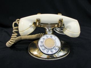 Western Electric Oval Base Desk Rotary Telephone - Brass & Cream