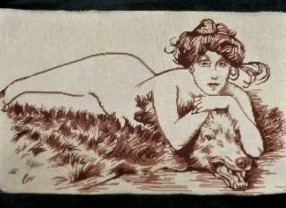 Vintage 27 " Lady Bear Skin Rug Woman Nude Finished Completed Needlepoint Pillow