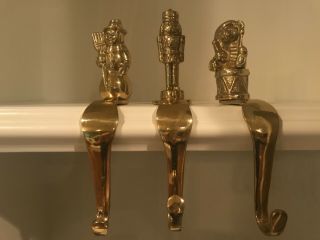 Three Vintage Solid Brass Christmas Stocking Holders