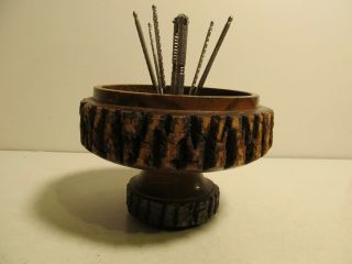Vintage Wood Tree Bark Pedestal Nut Bowl With Cracker 6 Picks 8”