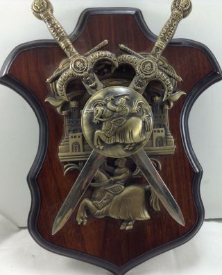 Vintage Wall Decor Knight Coat Of Arms Stainless Swords 3 D Midieval Wood Base