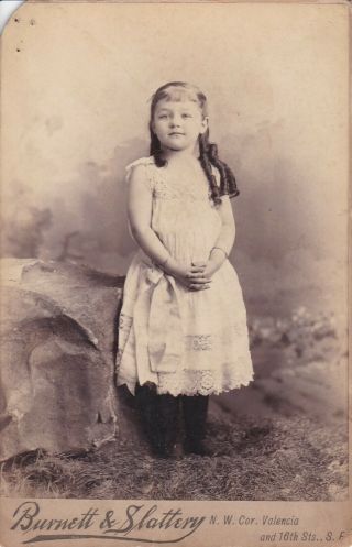 Cabinet Card Great Ad,  S.  F.  Cal,  1889,  Girl Id Long Ringlets,  Bangs,  Bow,  Bracelets