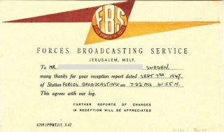 1947 Qsl: Fbs Forces Broadcasting Service,  Jerusalem,  Palestine