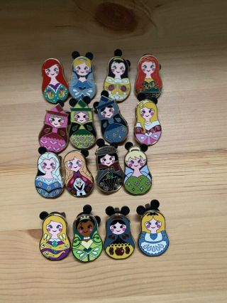 Disney Parks Mystery Nesting Doll Pins Complete Set 16 Ariel Belle Jasmine Elsa