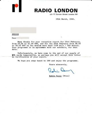 1965 Qsl: Radio London,  International Waters " British Offshore Pirate Station "