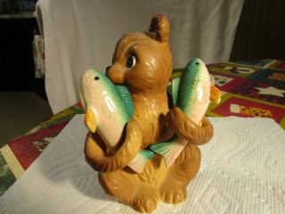 Lovely,  Vintage Baby Bear Holding Fish Salt And Pepper Shakers