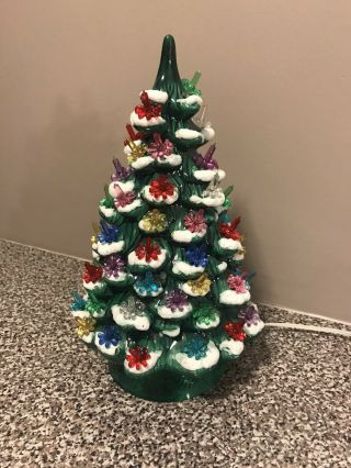 Vintage 13.  5 " Ceramic Lighted Christmas Tree & Base With Plastic Colored Stars.
