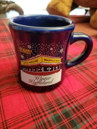 Waffle House Coffee Mug Cup 2015 Christmas Holiday Blue Winter Waffleland Tuxton
