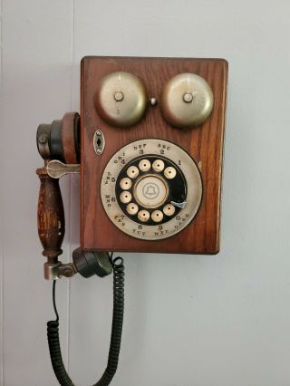 Vtg Western Electric Bell Telephone Oak Wood Country Wall Phone Rotary Dial Work