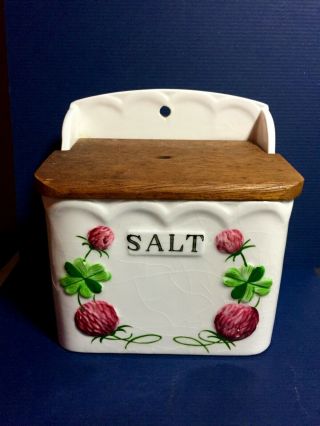 Vintage Floral Porcelain Hanging Salt Box W/wood Lid Country Kitchen Storage