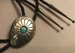 Vintage E.  Bilagody Sterling Silver Bolo Tie Turquoise Native American Leather