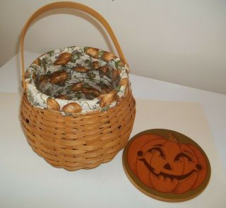 Longaberger Pumpkin Basket With Pumpkin Lid,  Print Liner,  Handle And Protector