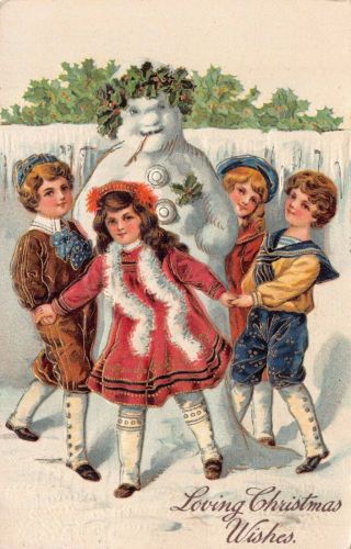 Christmas Postcard Children Dancing Around A Snowman 124242