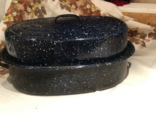 Large Graniteware Covered Oval 18” Roaster Roasting Pan With Lid Enamelware