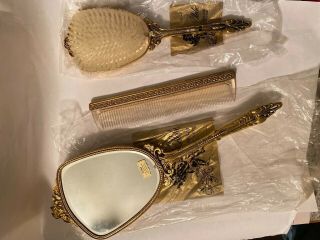 Vintage 24k Gold Plated Vanity Set Globe,  Hand Held Mirror,  Brush And Comb Nos