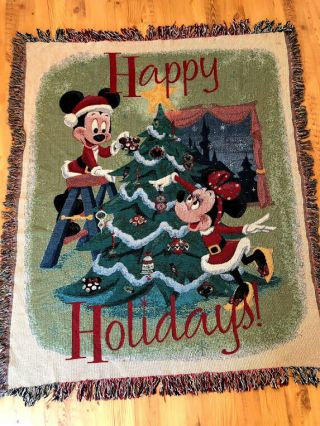 Disney Parks Mickey & Minnie Mouse Christmas Tapestry Woven Blanket Holidays