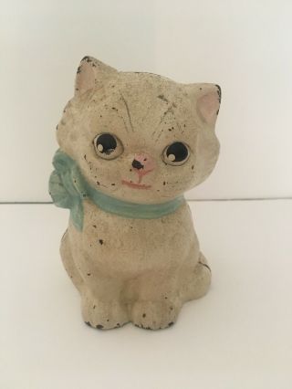 Antique Hubley Cast Iron Kitten Bank With Blue Ribbon -