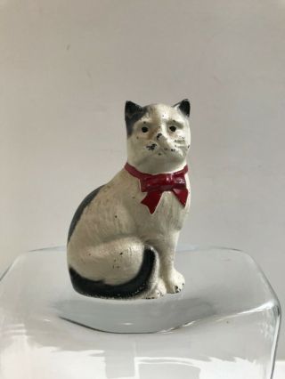 Antique Hubley Cast Iron Cat/kitten Bank Black& White Red Bow Tie Og Paint