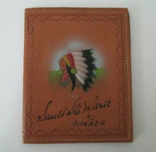 Vtg Snap Shots Photo Book Leather Hand Painted Native Chief Sault Ste Marie