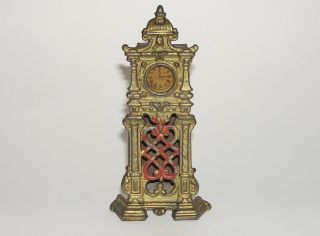 Wonderful Hubley " Ornate Hall Clock " Bank With Paper Face Cast Iron (dakotapaul)