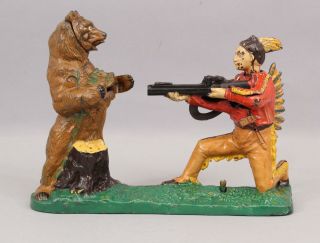Antique J&e Stevens Western Indian,  Bear Hunt,  Cast Iron Mechanical Bank,  Nr