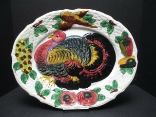 Vintage Thanksgiving Turkey Platter Large 18 " Embossed Beasketweave Border Italy