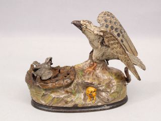 Rare 19thc Antique J&e Stevens Eagle,  Eaglets Cast Iron Mechanical Bank Squeaker