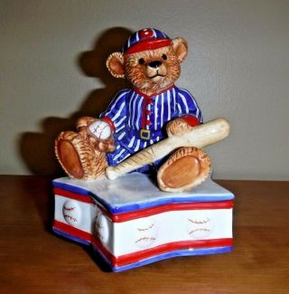 Vtg 1991 Schmid Ceramic Terry Bear Playing Baseball Music Box