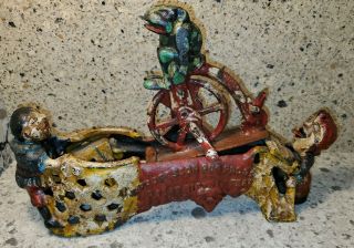 Antique Cast Iron Professor Pug Frogs Great Bicycle Feat Mechanical Bank Ca 1875