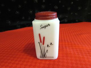 Vtg Mckee Tipp City Tall Sugar Shaker Spice Jar Ducks Milkweed Milkglass Red Lid