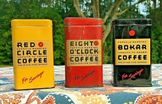 3 Vintage Red Circle Bokar Eight O’clock Coffee A&p Advertising Tin Coin Bank