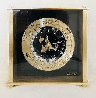 Vintage Seiko Quartz Gmt World Time Clock Brass Glass Airplane Second Hand