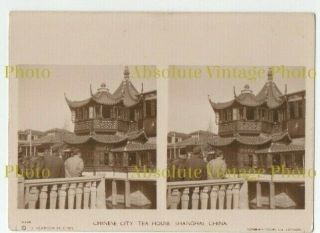 Old Stereoview Photo Card Chinese Tea House Shanghai China Sunbeam Tours 1920s