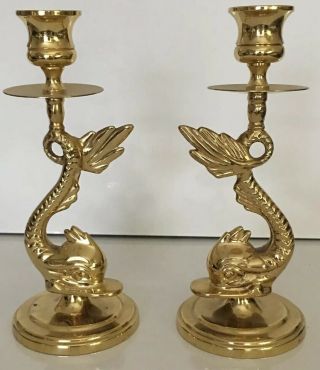 Euc Pair Vintage Baldwin Solid Brass Serpent / Dolphin / Fish Candlestick Holder